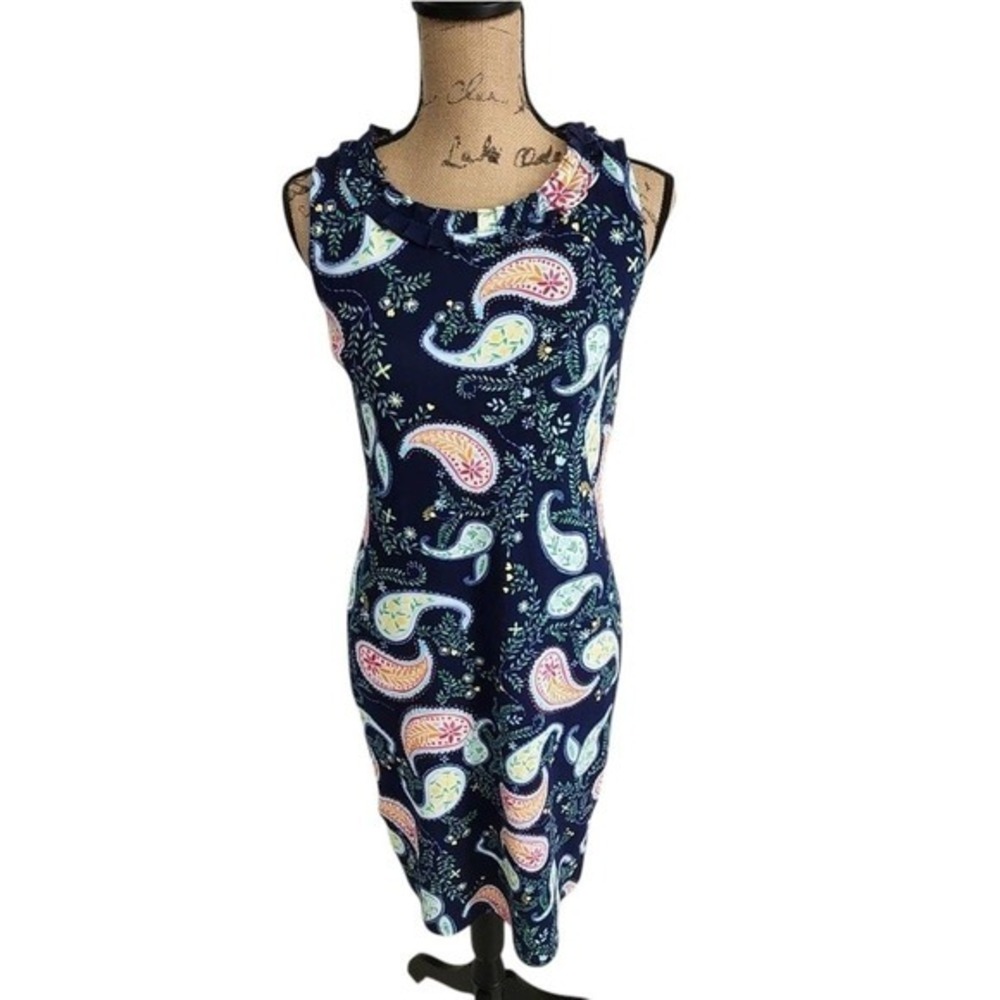 Talbots ruffle neck paisley boho‎ bodycon stretch Casual comfy dress size XS